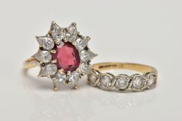 TWO 9CT GOLD DRESS RINGS, the first designed with a central oval garnet within a colourless cubic