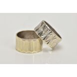 TWO 1960'S 9CT GOLD BAND RINGS, the first with engraved vertical banded design, the second with