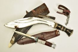 A NON MARKED KUKURI KNIFE AND SCABBARD, poor condition, together with a 60's - 70's camping knife