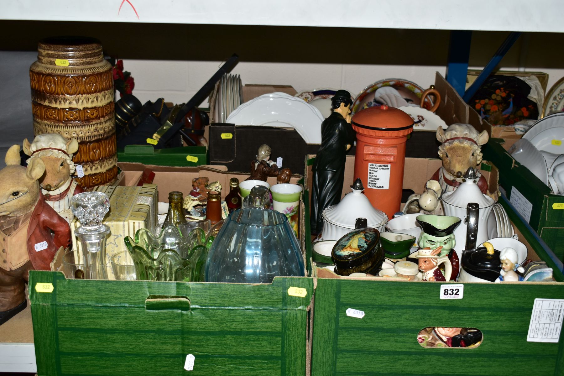 FOUR BOXES AND LOOSE CERAMICS, GLASSWARES AND ORNAMENTS to include vintage West German vase,