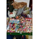 TWO BOXES OF VINTAGE GLASS CHRISTMAS TREE BAUBLES AND OTHER DECORATIONS, etc to include paper