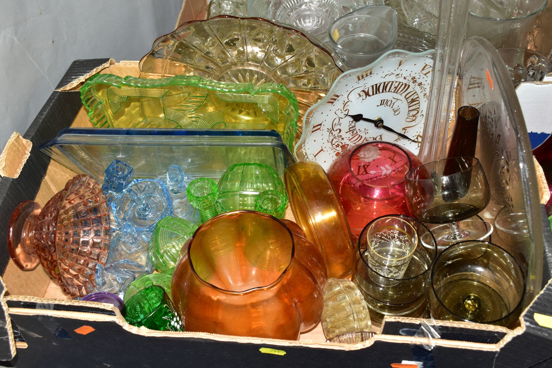 FOUR BOXES AND LOOSE GLASSWARE including coloured pressed moulded dressing table sets, a Royal - Image 3 of 5