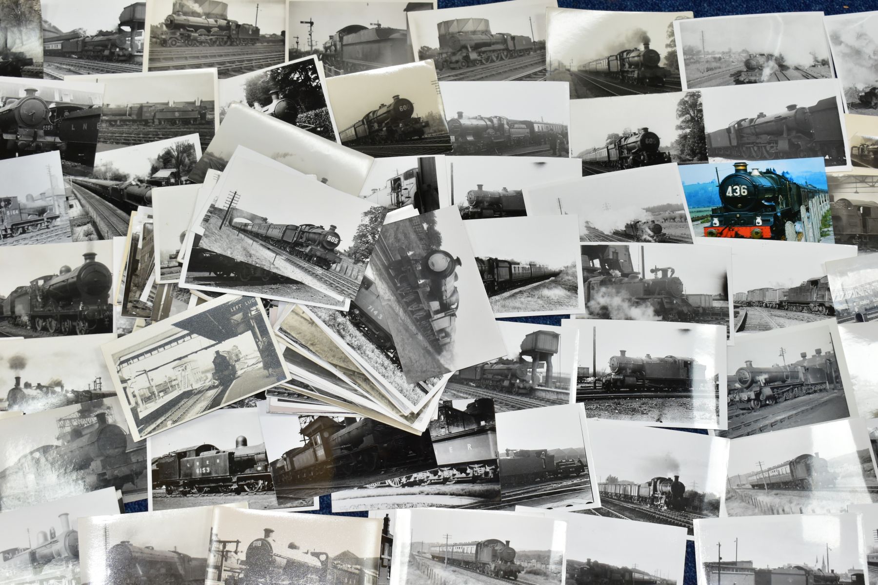 A QUANTITY OF BLACK AND WHITE POSTCARD SIZE STEAM LOCOMOTIVE PHOTOGRAPHS, mainly big 4 and B.R era