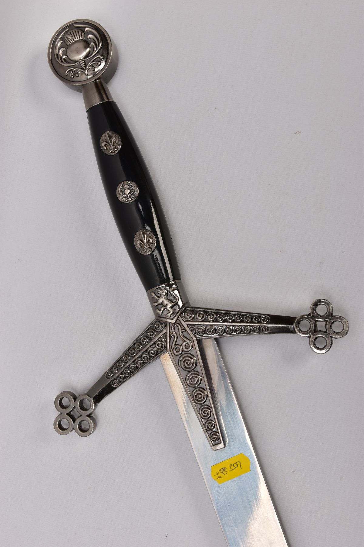 TWO REPLICA COPY SWORDS a Medieval style approximately 83cm length blade, angled downward cross- - Image 3 of 9