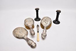 THREE SILVER VANITY PIECES, A SINGLE FISH KNIFE AND A PAIR OF CANDLESTICKS, to include an AF