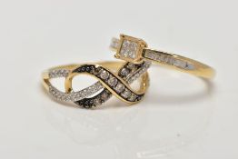 TWO 9CT GOLD DIAMOND DRESS RINGS, the first designed as a central square of four princess cut