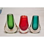 THREE WHITEFRIARS CASED GLASS VASES, comprising two ham bone vases in green, height 14.5cm and