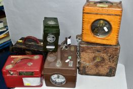 FIVE WOODEN, METAL AND PLASTIC CASED PIGEON CLOCKS, comprising a Toulet Imperator (locked), a Toulet