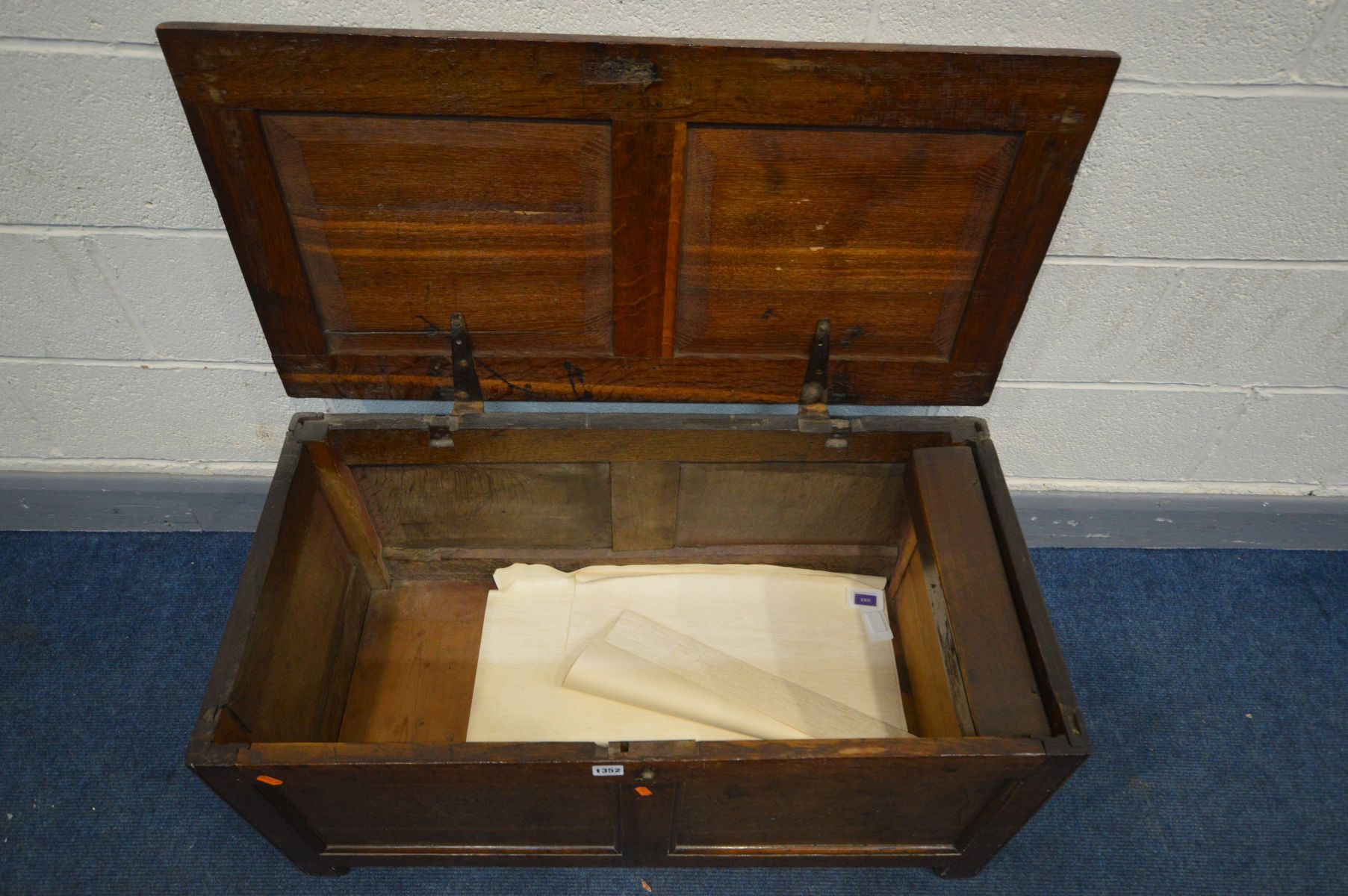 A GEORGIAN AND LATER OAK COFFER, with panels, width 94cm x depth 47cm x height 45cm, (condition - - Image 3 of 3