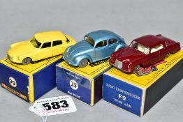 THREE BOXED MATCHBOX 1-75 SERIES CARS, Volkswagen Beetle 1200, No.25, clear windows, grey plastic