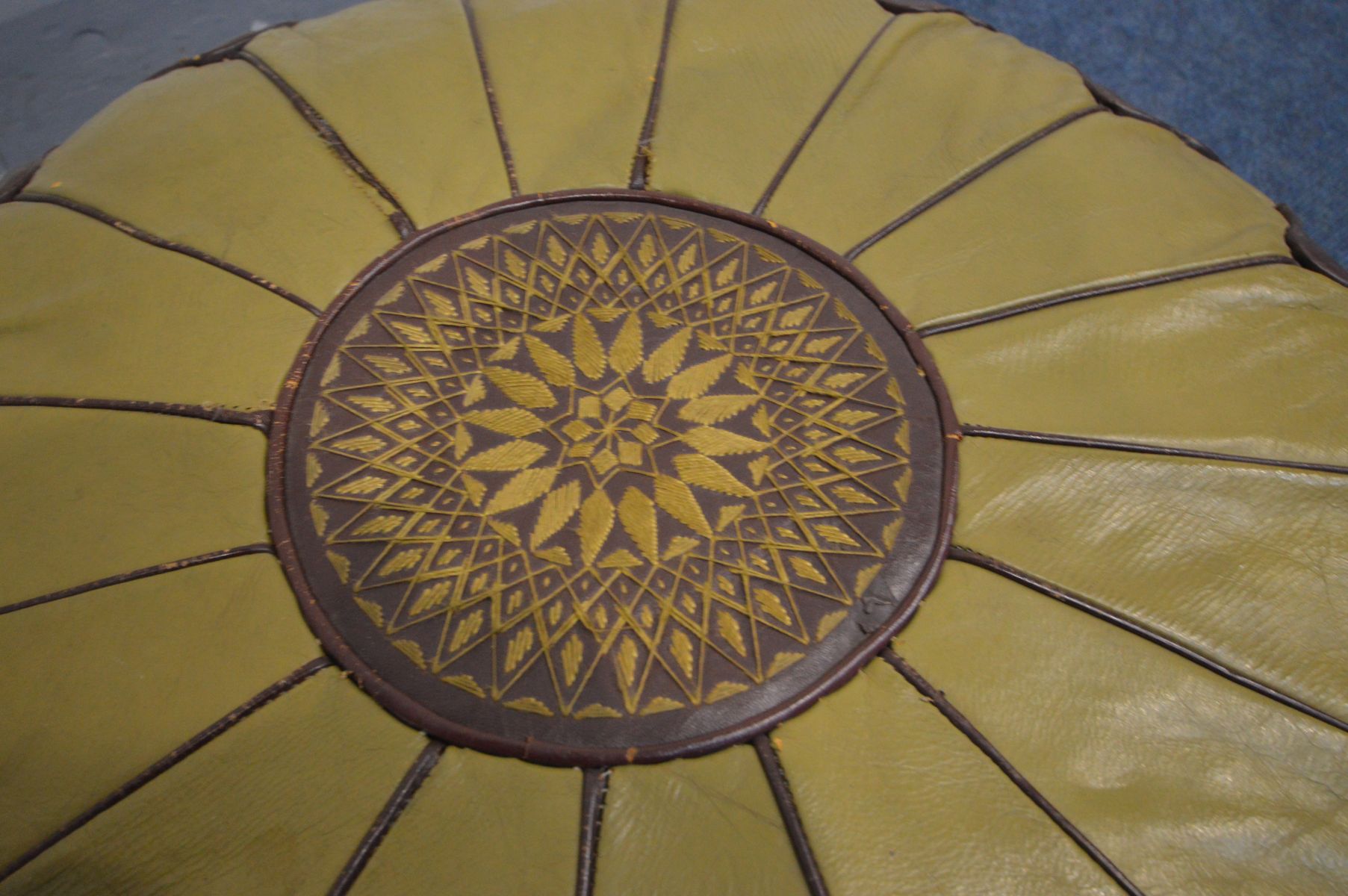 A MOROCCAN PATCHWORK LEATHER CIRCULAR POUFFE, diameter 64cm (some loose stitching) - Image 2 of 4