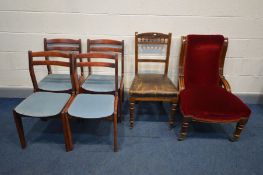 A LATE VICTORIAN MAHOGANY SCROLLED BACK CHAIR, on turned front legs, along with four mid 20th