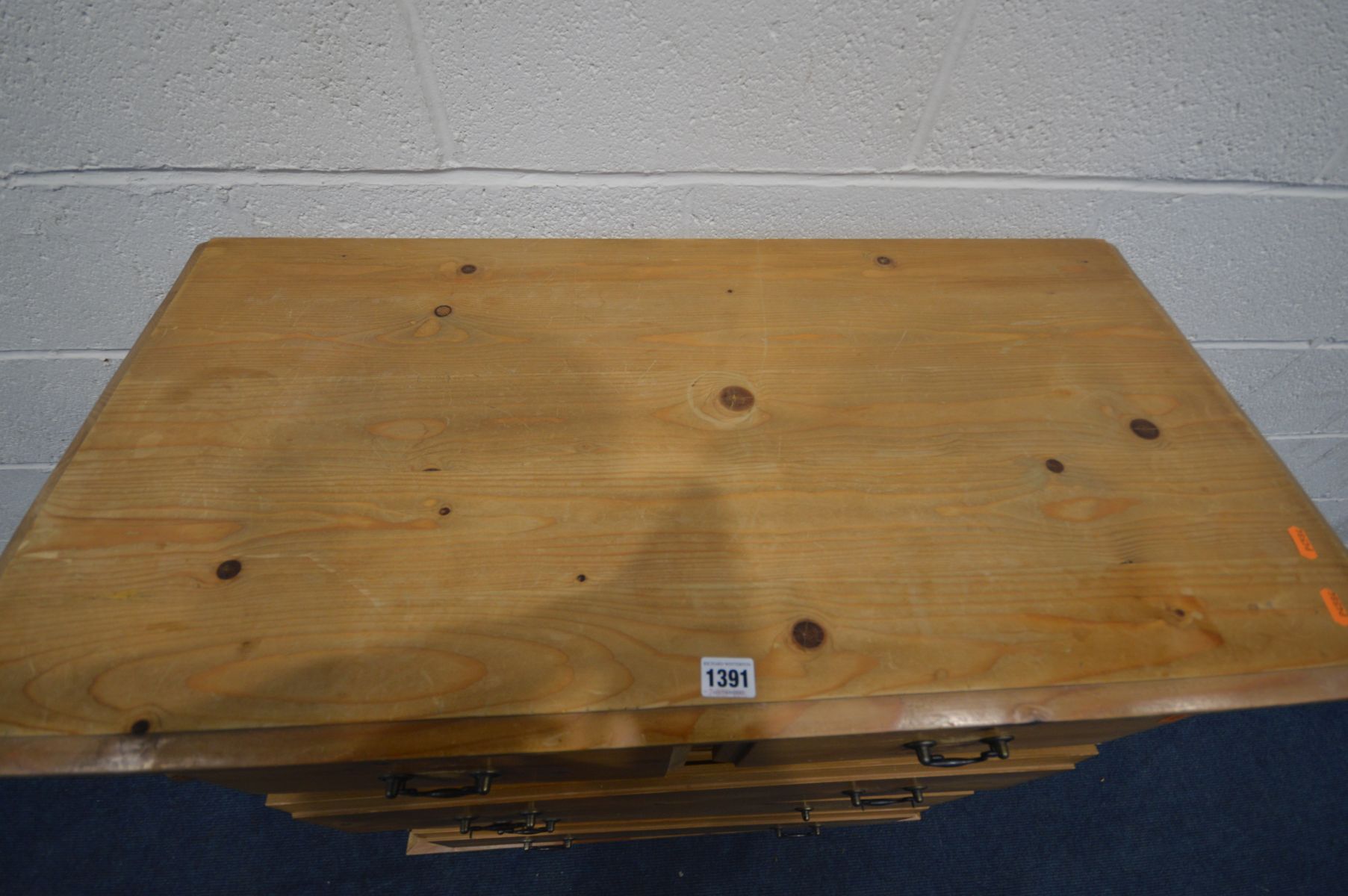 A PINE CHEST OF TWO SHORT OVER THREE LONG DRAWERS, drop handles, on bun feet, width 94cm x depth - Image 3 of 3