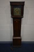 A GEORGIAN OAK 30 HOUR LONGCASE CLOCK, the square hood with a single glazed door enclosing a 9