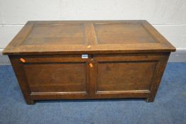 A GEORGIAN AND LATER OAK COFFER, with panels, width 94cm x depth 47cm x height 45cm, (condition -