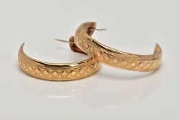 A PAIR OF 9CT GOLD HOOP EARRINGS, (one damaged) engraved detail, post fittings missing scrolls,