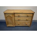 A VICTORIAN PINE SIDEBOARD, with three graduated drawers besides a single panelled cupboard door, on