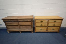 AN EDWARDIAN SATINWOOD SIDEBOARD/CHEST OF SIX DRAWERS, with brass handles, on turned legs, width