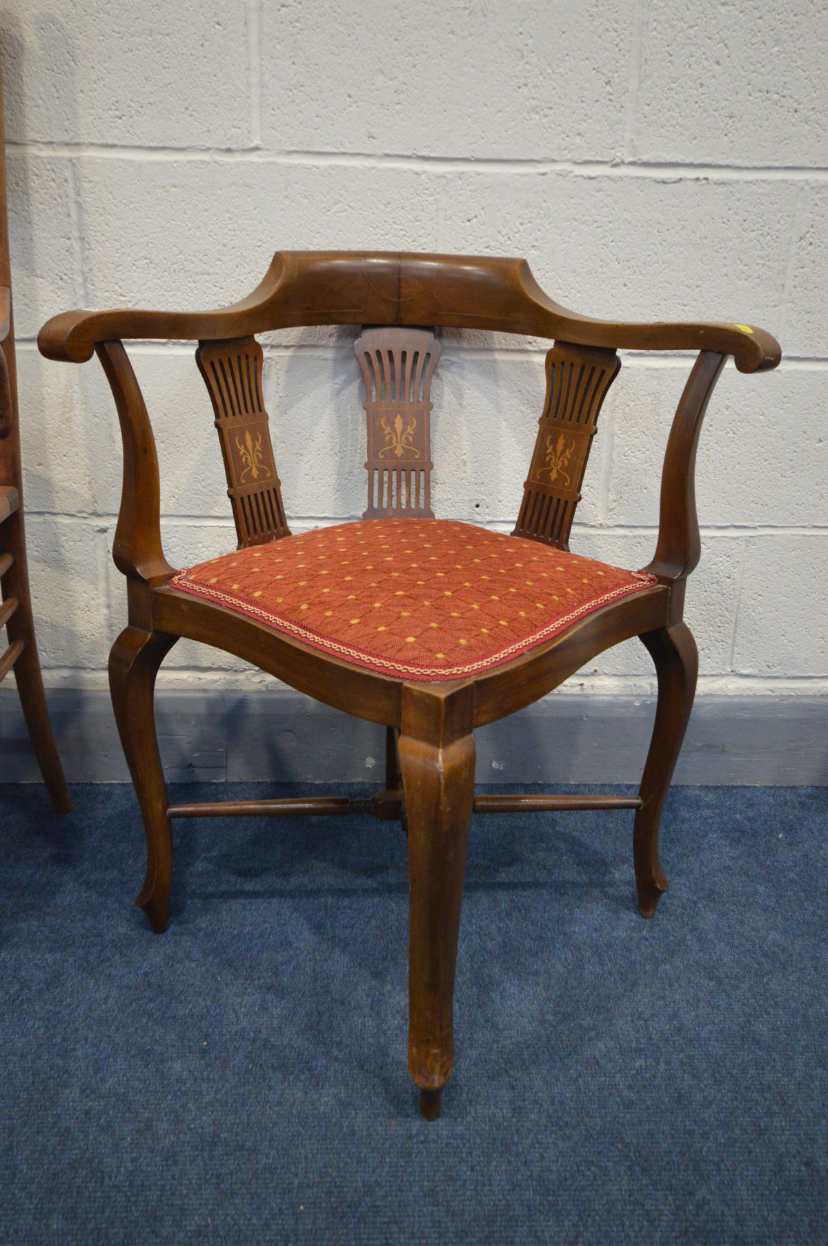 AN EDWARDIAN MAHOGANY AND INLAID CORNER CHAIR along with a beech spindle back chair (2) - Image 2 of 3