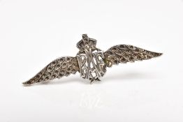 A WHITE METAL R.A.F BADGE, length 57mm, missing most of the marcasite stones, fitted with a brooch