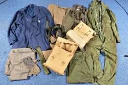 A BOX CONTAINING VARIOUS MILITARY STYLE ITEM including trousers, webbing belts blue over jacket