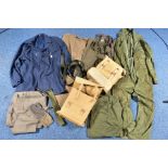 A BOX CONTAINING VARIOUS MILITARY STYLE ITEM including trousers, webbing belts blue over jacket