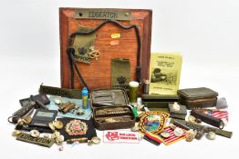 A BOX CONTAINING PATCHES, BUTTONS, BADGES and other military items some relating to a Staffs