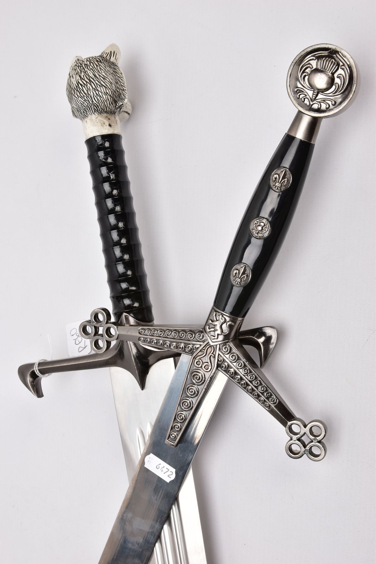 TWO REPLICA COPY SWORDS a Medieval style approximately 83cm length blade, angled downward cross- - Image 8 of 9