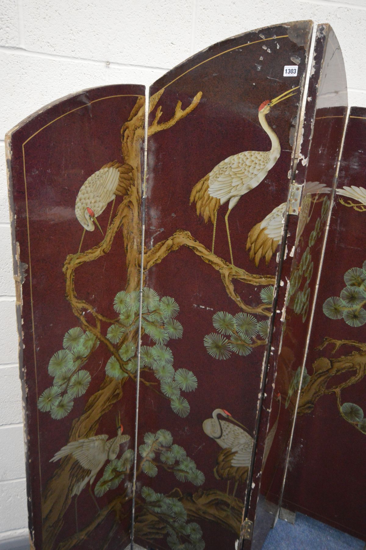 AN ORIENTAL RED LAQUERED FOUR FOLDING SCREEN, with chinoiserie decoration including four herons, - Image 2 of 6