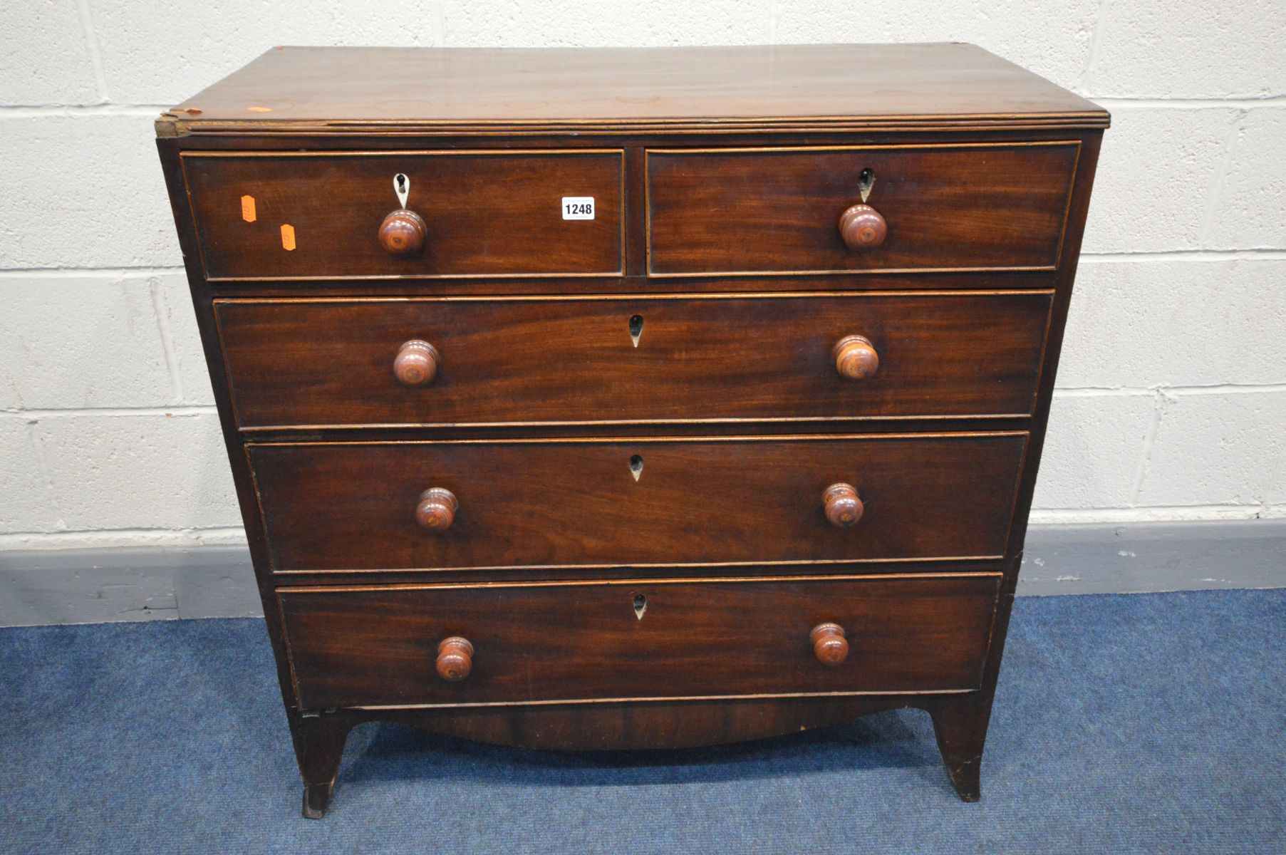 A GEORGIAN OAK CHEST OF TWO OVER THREE LONG DRAWERS, on bracket feet, width 98cm x depth 47cm x