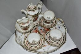 A 20TH CENTURY CONTINENTAL PART TEASET, comprising teapot, four cups and saucers, milk jug, sugar
