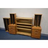 A PAIR OF BEDSIDE CABINETS, along with an oak open bookcase, and three various cd racks (6)