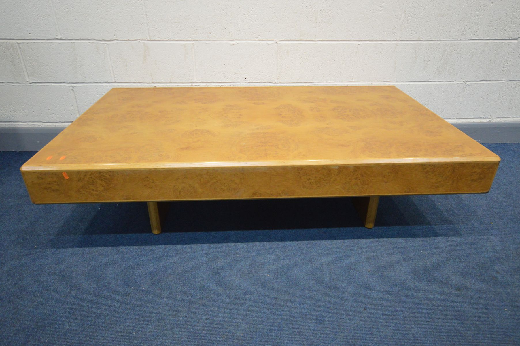 A BURR WOOD RECTANGULAR COFFEE TABLE, on twin supports, length 160cm x depth 95cm x height 38cm