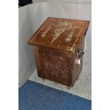 A COPPER COVERED LOG/COAL BOX, raised swag and garland decoration, twin swing handles with four