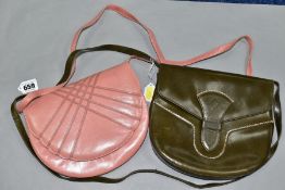 TWO CHARLES JOURDAN LADIES LEATHER HANDBAGS OF SEMI-CIRCULAR FORM, one in pink, depth 18.5cm, with