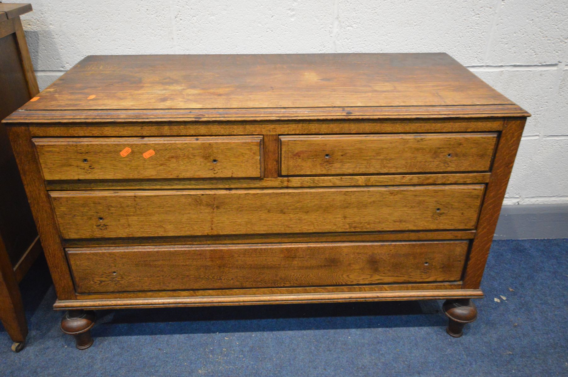 AN OAK DRESSING CHEST with a triple mirror and three long drawers, along with a low oak chest of - Image 3 of 3