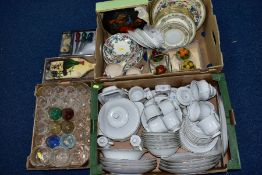 THREE BOXES OF CERAMICS AND GLASS WARES, to include Chodziez, Poland, white and gold part dinner/tea
