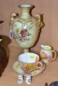 SIX PIECES OF ROYAL WORCESTER, comprising blush ivory twin handled urn Shape No.1618, printed and