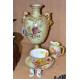 SIX PIECES OF ROYAL WORCESTER, comprising blush ivory twin handled urn Shape No.1618, printed and