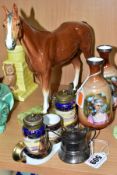 A SMALL GROUP OF ROYAL DOULTON SILVER, ETC, comprising a Royal Doulton chestnut horse 'Merely a