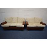 A BROWN LEATHER AND CREAM FABRIC TWO PIECE LOUNGE SUITE, comprising a three seater, length 183cm,