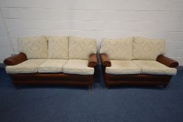 A BROWN LEATHER AND CREAM FABRIC TWO PIECE LOUNGE SUITE, comprising a three seater, length 183cm,