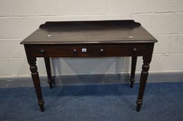 A VICTORIAN STYLE MAHOGANY SIDE TABLE, with two drawers, width 105cm x depth 48cm x height 79cm (