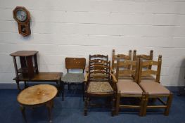 FOUR BEECH HEALS OF LONDON STYLE DINING CHAIRS, two oak carver chairs, ebonised and teak dining