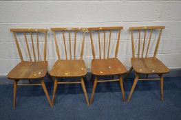 A SET OF FOUR ERCOL ELM AND BEECH MODEL 391 WINDSOR ALL PURPOSE CHAIRS (condition - fluid staining