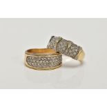 TWO 9CT GOLD RINGS, the first pave set with single cut diamonds to the front half of the ring,