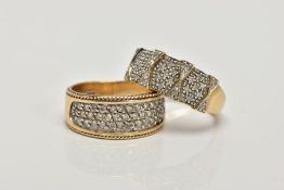 TWO 9CT GOLD RINGS, the first pave set with single cut diamonds to the front half of the ring,