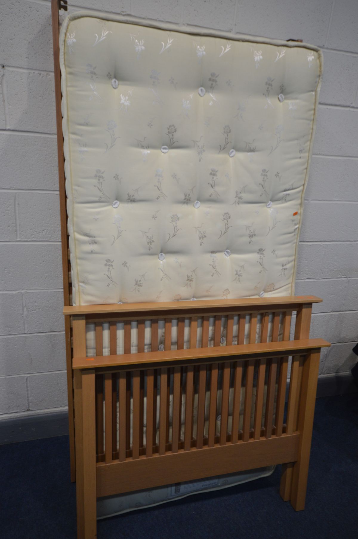 A MODERN BEECH SINGLE BEDSTEAD with Picasso mattress