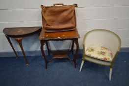 AN EDWARDIAN MAHOGANY CENTRE TABLE with an undershelf, a brown leather suit bag, walnut demi lune