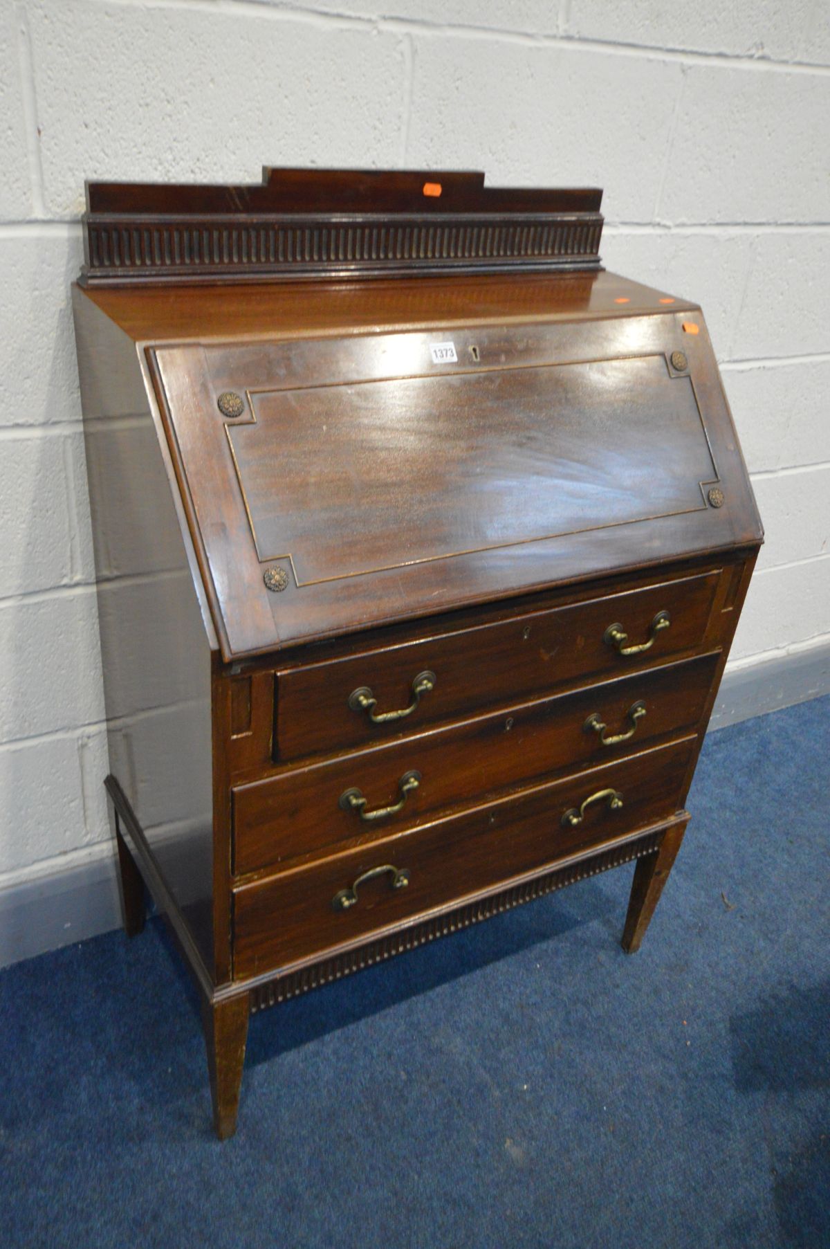 AN EDWARDIAN MAHOGANY FALL FRONT BUREAU, with a fitted interior, and three drawers, on square - Image 2 of 3